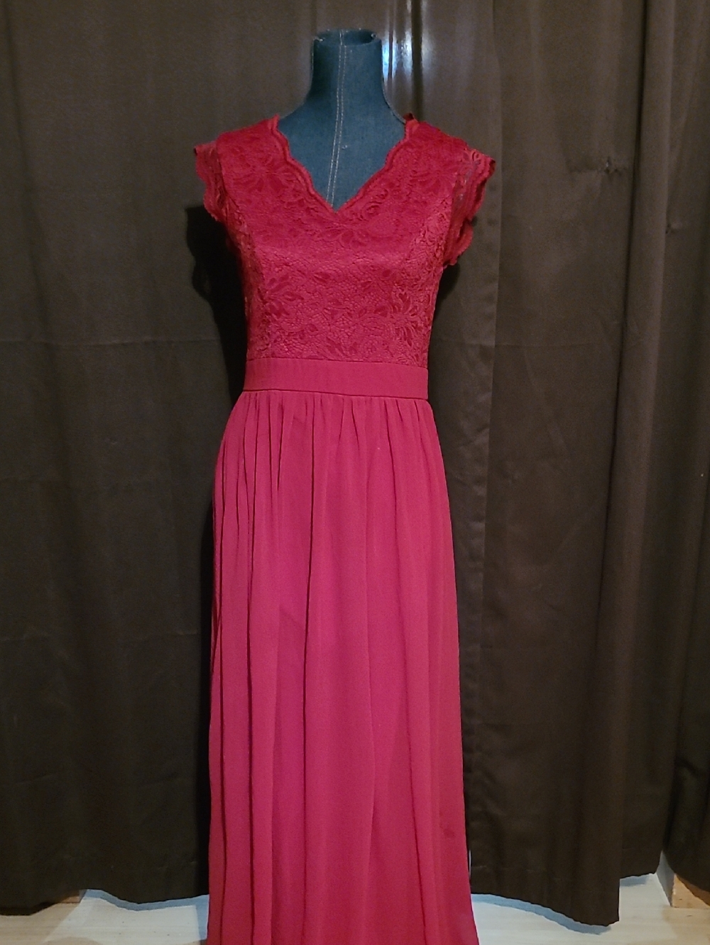 Elegant Lace Bodice Red Maxi Dress - Brand: DressyStar